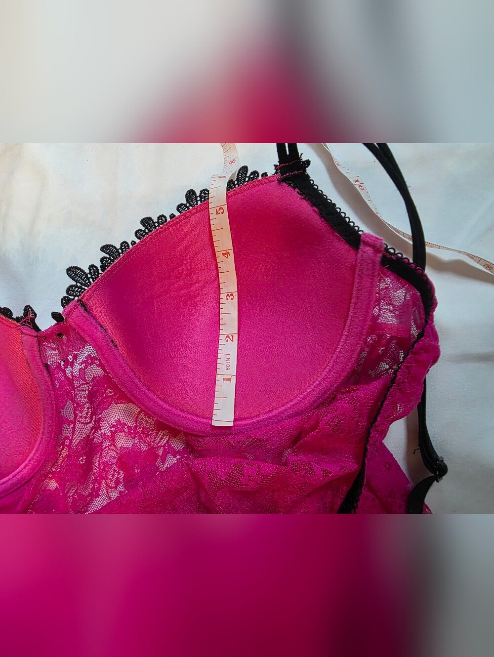 Hot Pink Lace Babydoll Chemise Lingerie Black Trim Padded Cups Adjustable Straps - Picture 5 of 9